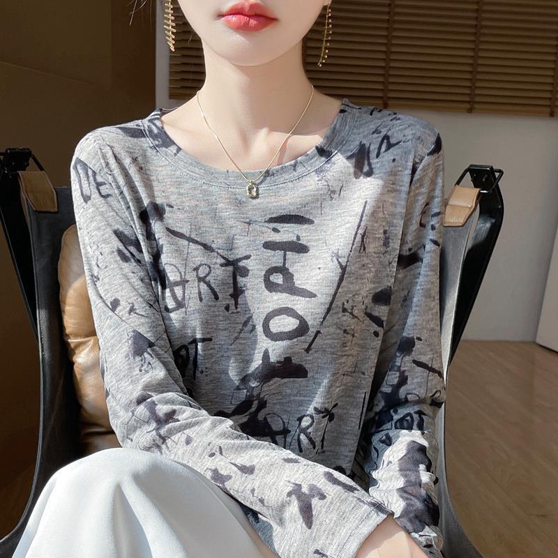 复古扎染印花长袖T恤女春季薄款防晒空调衫天丝莱赛尔内搭打底衫|undefined