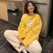 外贸跨境珊瑚绒睡衣女冬季可爱加绒保暖法兰绒新款甜美家居服套装