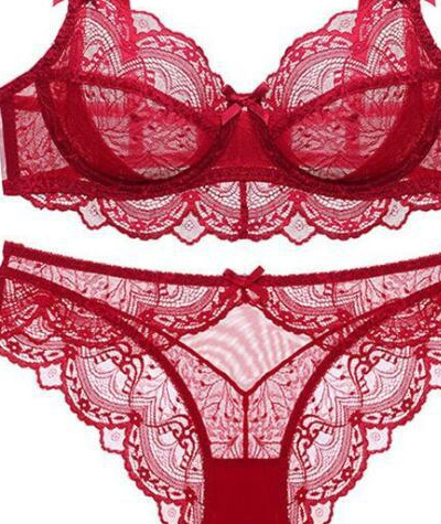 9241 Bra Set Ultra-Thin Lace Sponge-Free Big Breasts Show Small Sexy Benmingnian Red Underwear Large Size Bra