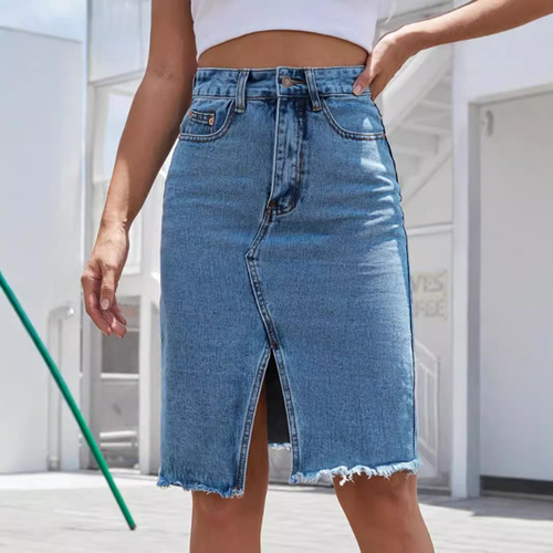 28-30933#Amazon Women's European and American Style High-Waisted Mid-Length Hip-Hugging Split Denim Skirt