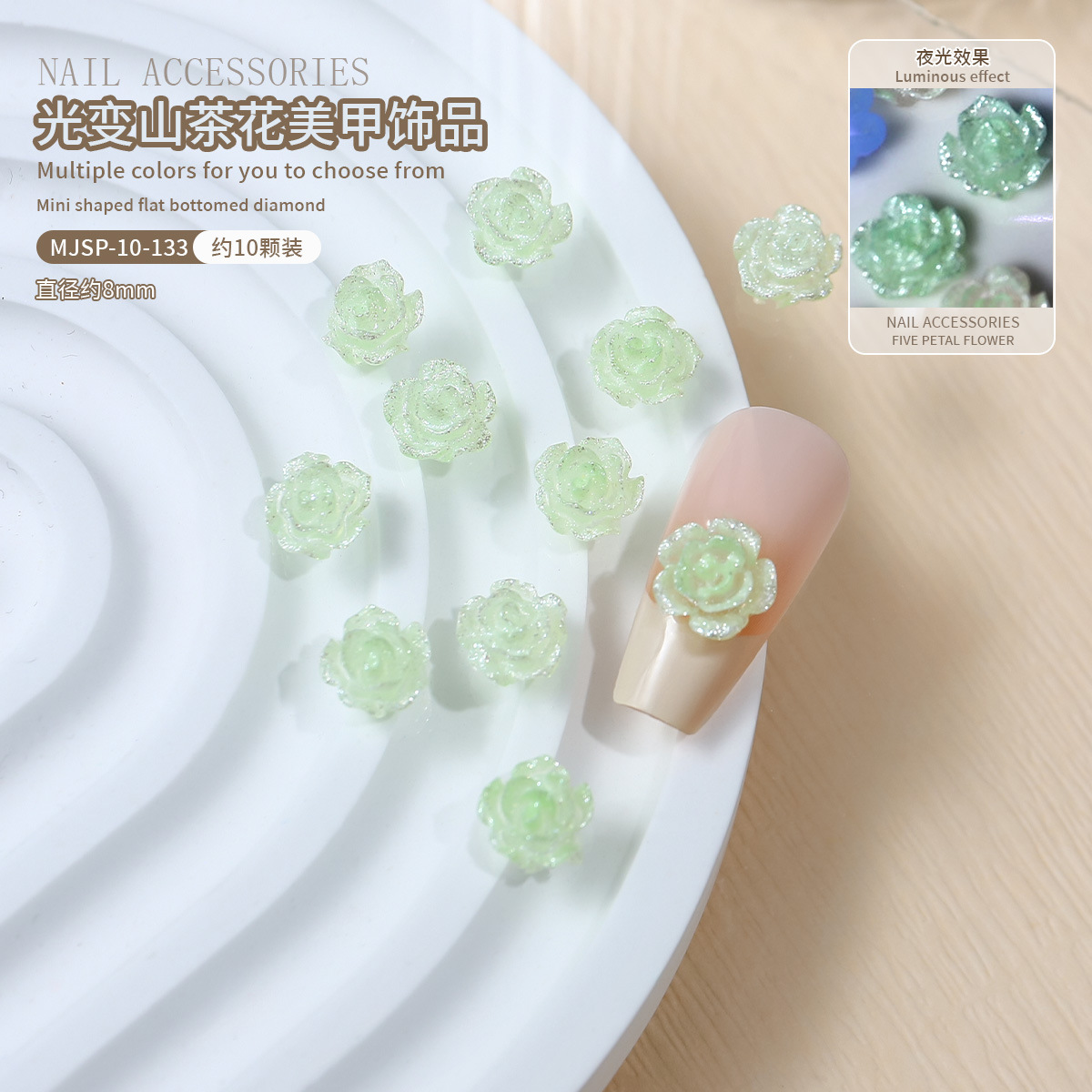 Joyas de manicura DIY 10 piezas de luz nocturna mezcla tridimensional camellia flor decoración conjunto de accesorios de manicura falsas