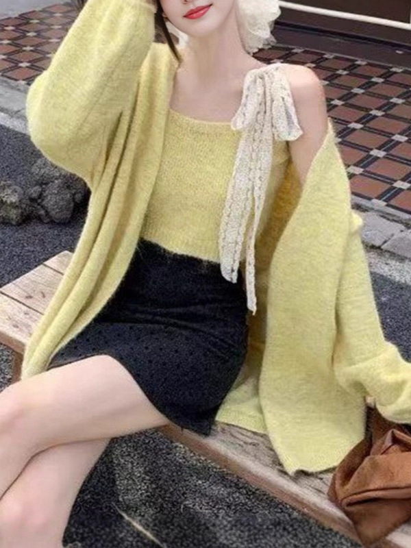 蕾丝系带背心针织开衫两件套装早秋温柔风设计感女显瘦百搭厚外套|undefined