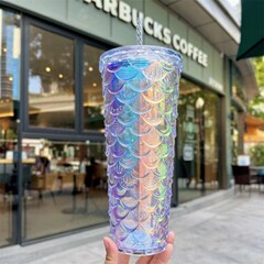 クロスボーダー新品スタッド魚鱗カップ五色グラデーション二層プラスチックカップアイデア710mlドリアンカップ魚鱗カップ