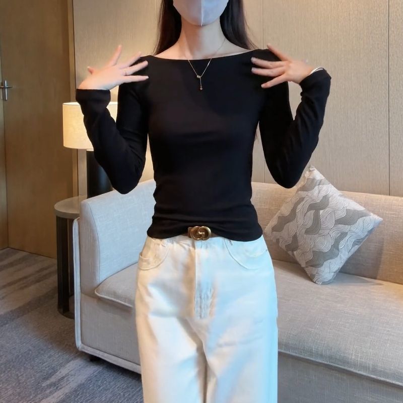 Black Off-Shoulder Long-Sleeve T-Shirt for Women, 2026 Spring New Style, Plus Size, Slim Fit, Flattering Inner Top Black Off-Shoulder Long-Sleeve T-Shirt for Women, 2026 Spring New Style, Plus Size, Slim Fit, Flattering Inner Top