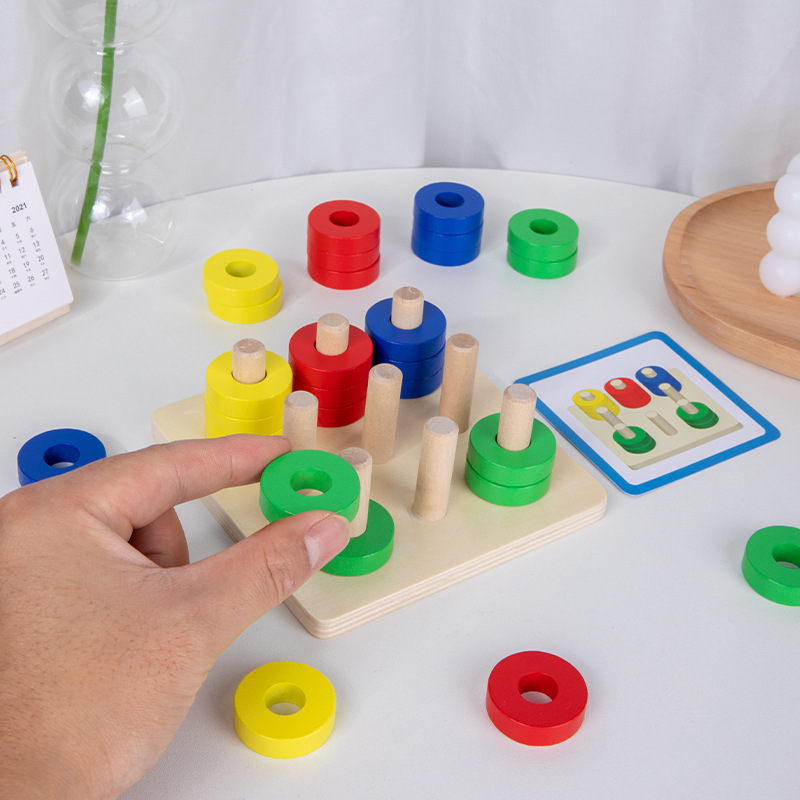Conjunto de rompecabezas de inteligencia de anillo de forma tres en uno de madera para niños conjunto de columna a juego juguetes educativos de educación temprana