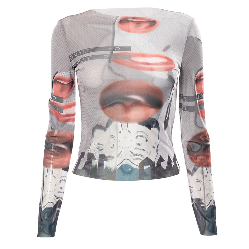 Mesh Printed Round Neck Long Sleeve See-Through T-Shirt NSSWF105128