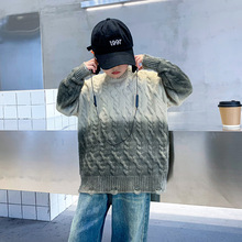 潮牌男童复古渐变加厚圆领毛衣冬季新款2025韩系大儿童毛线衣宽松