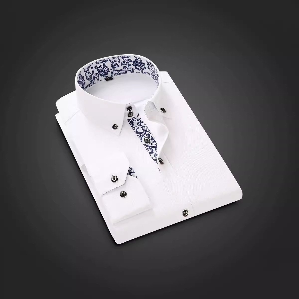 Camisa de manga larga para hombre, estilo coreano 2024, corte ajustado, informal de negocios, azul y blanco porcelana, ropa para hombre, estampado azul y blanco porcelana