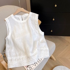 法式花边背心重工刺绣T恤女夏外穿宽松休闲叠穿亚麻马甲无袖上衣
