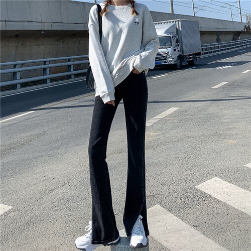 Slit high-waisted stretch jeans for women summer new style slim and slim, versatile, floor-length, micro-flared pants, trendy