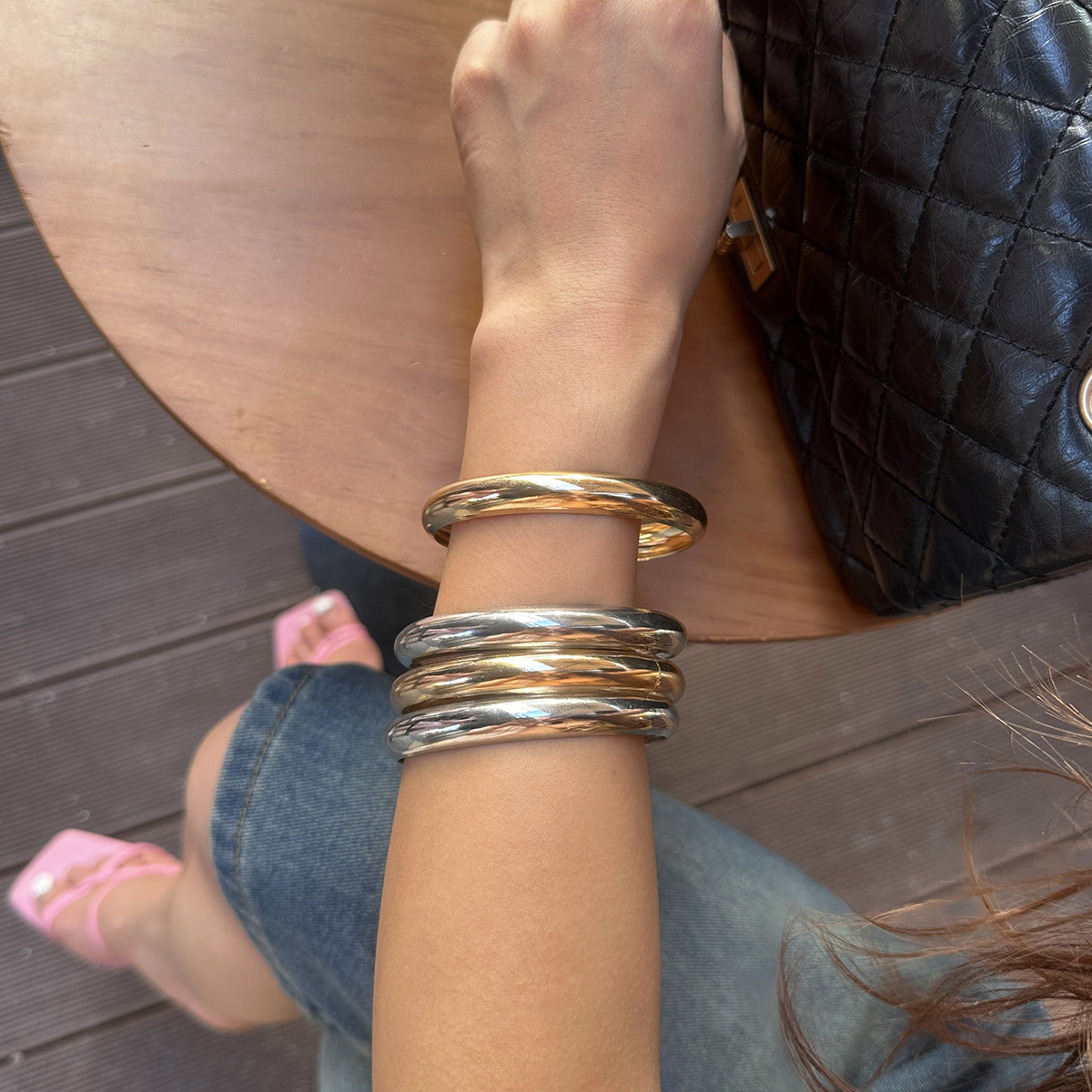 117g Weight Without pendants Pendant Material Bangle Classification Iron Chain Material 1 Set Quantity Holiday, Daily Occasion Iron Material Geometric Pattern Women's Gender Plating Design Retro, Simple Style Style Retro Simple Style Geometric Iron Wholesale Bangle 22