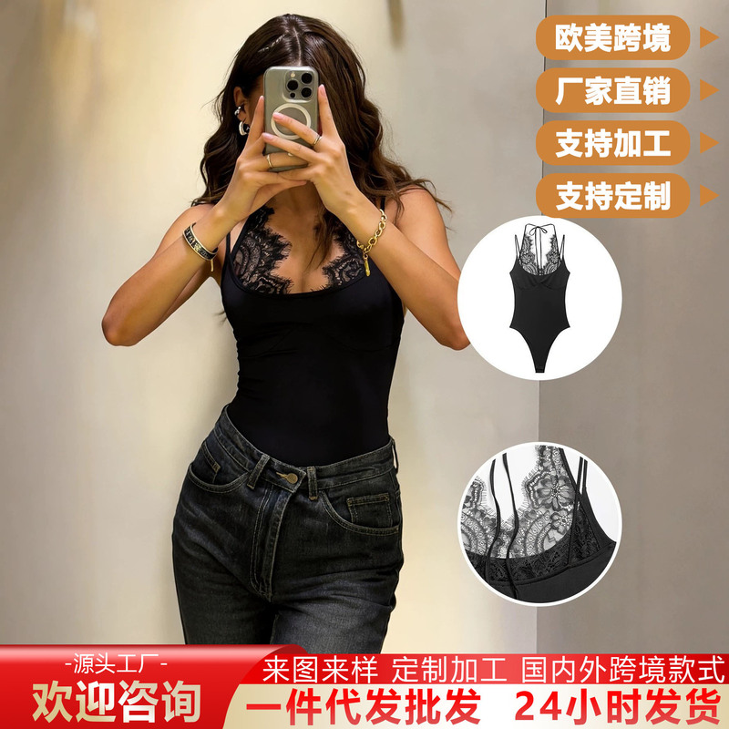 European and American Cross-Border Women's Clothing Summer Women's Black Sexy Lace Patchwork Backless Fashion Halter Neck Jumpsuit European and American Cross-Border Women's Clothing Summer Women's Black Sexy Lace Patchwork Backless Fashion Halter Neck Jumpsuit