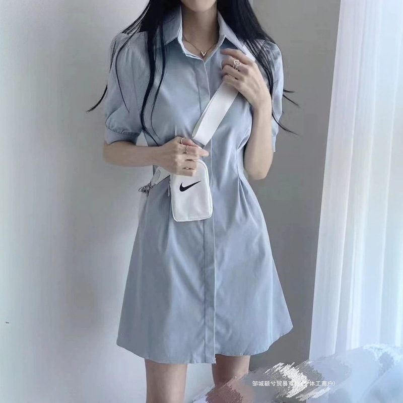 Blue polo collar shirt dress for women, gentle French style, waist-cinching, slimming A-line short-sleeve dress, sheer fabric Blue polo collar shirt dress for women, gentle French style, waist-cinching, slimming A-line short-sleeve dress, sheer fabric