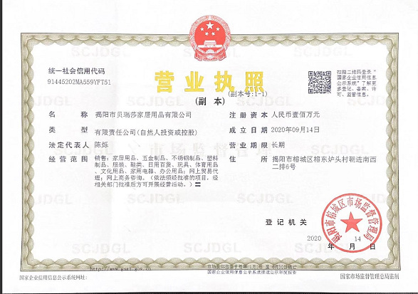 揭阳市贝瑞莎家居有限公司-营业执照
