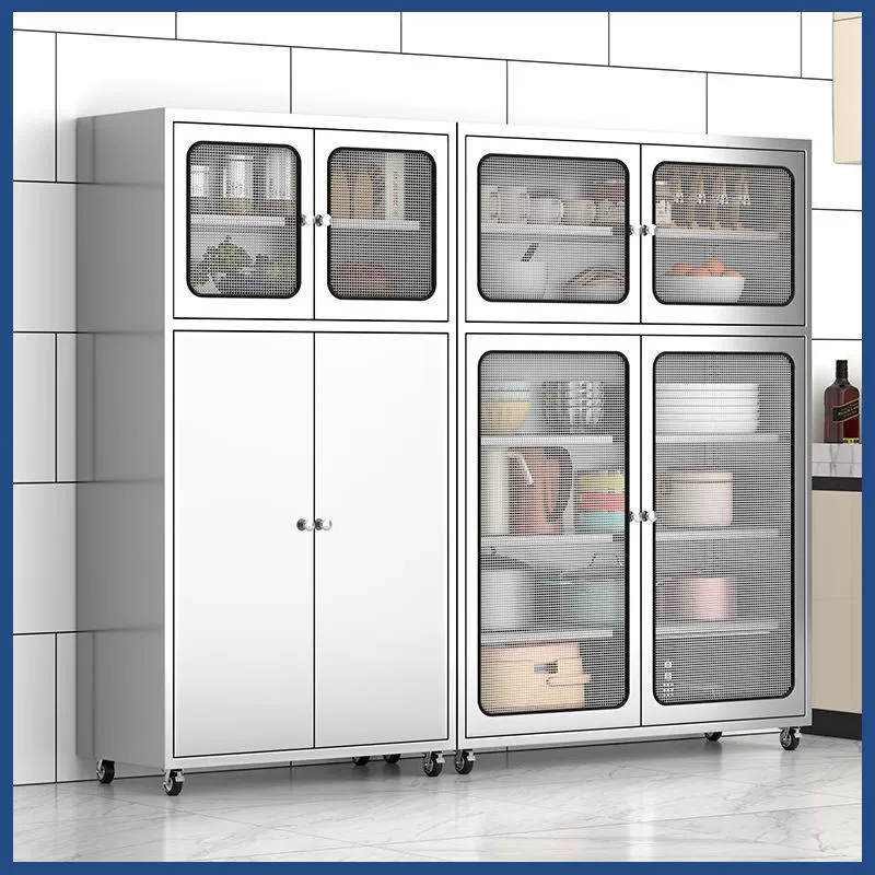 Бытовой кухонный шкаф из нержавеющей стали 304, буфет с многослойной сетчатой ​​дверью, кухонный шкаф для хранения кастрюль с колесиками