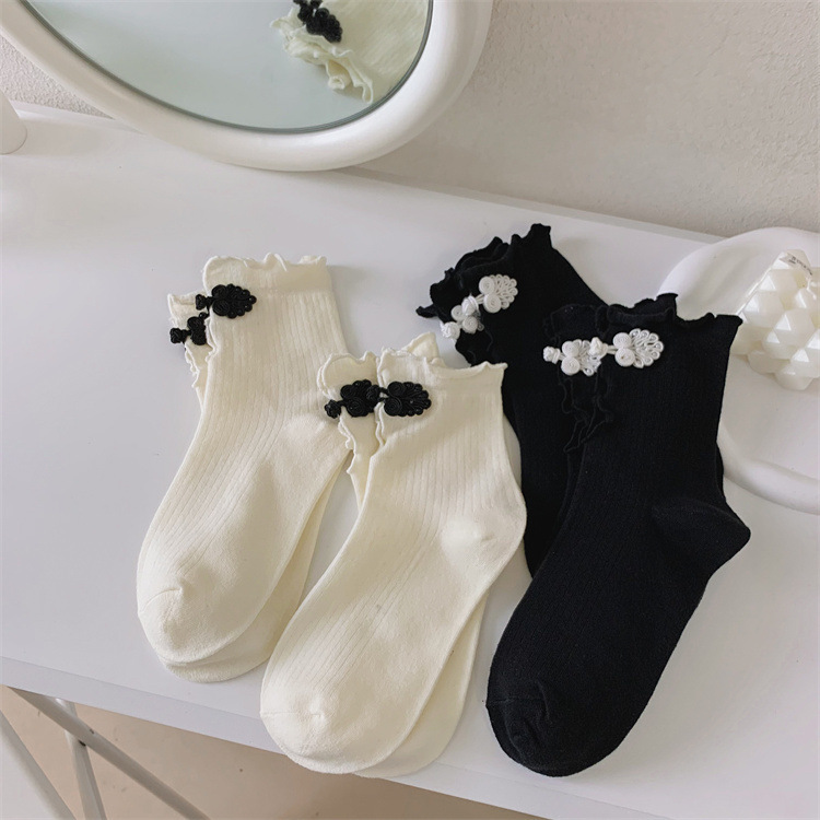 ins Personality Women's Socks Autumn New Chinese Style Cheongsam Button Cotton Socks Dark Black and White Contrast Color Short Socks National Fashion Artistic Socks ins Personality Women's Socks Autumn New Chinese Style Cheongsam Button Cotton Socks Dark Black and White Contrast Color Short Socks National Fashion Artistic Socks
