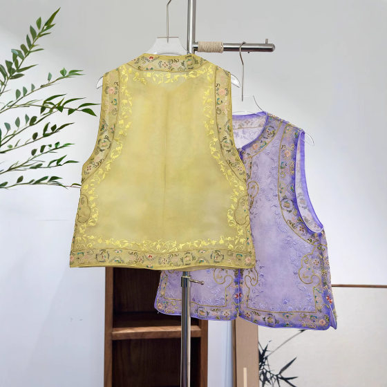Mulberry Silk Fabric Lining Plant Dyeing Full Embroidered Hand Button Double Silk Organza Vest Women