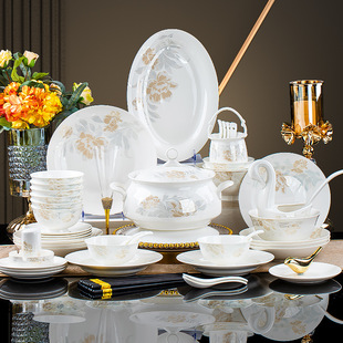 Jingdezhen Bowl and Plate Set Ceramic Tableware Bone China Bowls and Plates Complete Set Combination Bowls and Chopsticks Gift Wholesale Light Luxury Style