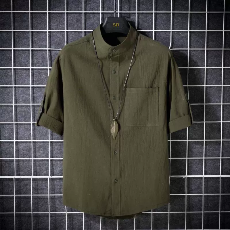 Летняя японская Повседневная льняная рубашка с воротником-стойкой и короткими рукавами, мужская Тонкая дышащая свободная хлопковая льняная белая рубашка больших размеров