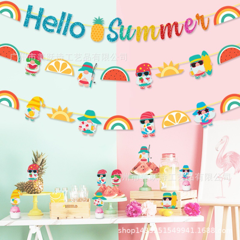 Decoración de fiesta de verano europea y americana, bandera de tirón, arco iris hawaiano hello summer, bandera de tirón de flores