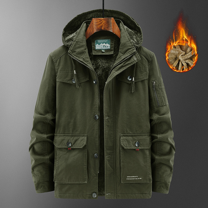 Europe and the United States cross-border large size cotton-padded hooded multi-pocket velvet jacket men's middle-aged pure cotton casual warm military jacket Europe and the United States cross-border large size cotton-padded hooded multi-pocket velvet jacket men's middle-aged pure cotton casual warm military jacket