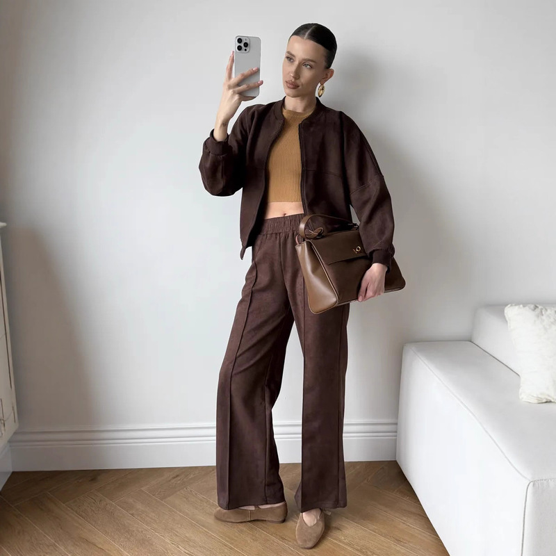 Cross-Border Casual European and American Women's Suede Suit Solid Color Long-Sleeved Zipper Cardigan Jacket Elastic Waist Pants Two-Piece Set