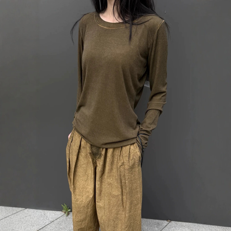 uma niche style washed and distressed long-sleeve high-elasticity T-shirt