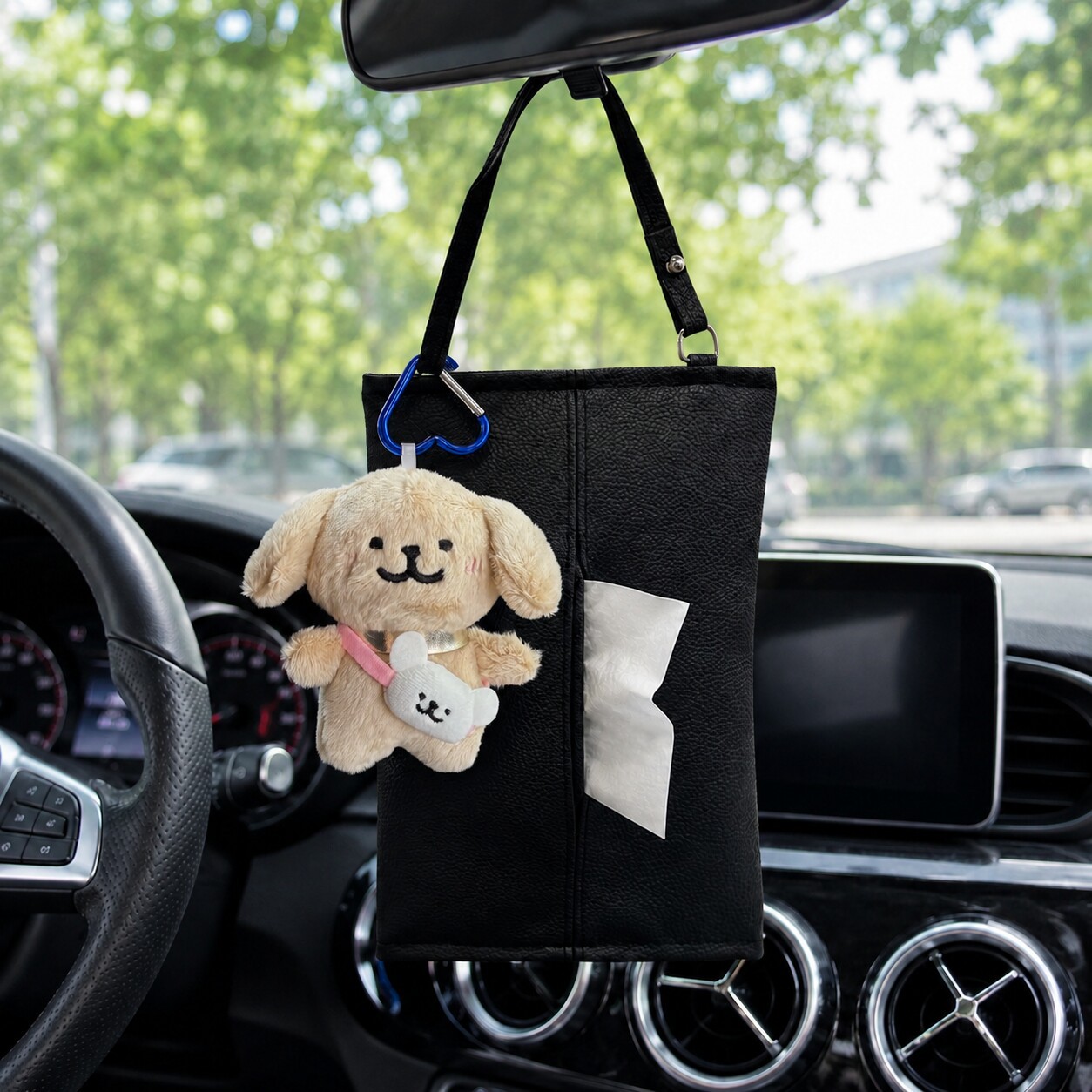 Line Art Puppy Car Tissue Box Hanging Style 2026 New Cute Cartoon Car Accessories Tissue Holder Hanging Bag Decoration