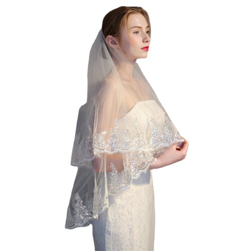 Foreign trade new sequined lace veil double layer with hair comb exquisite lace wedding veil bride photo styling veil