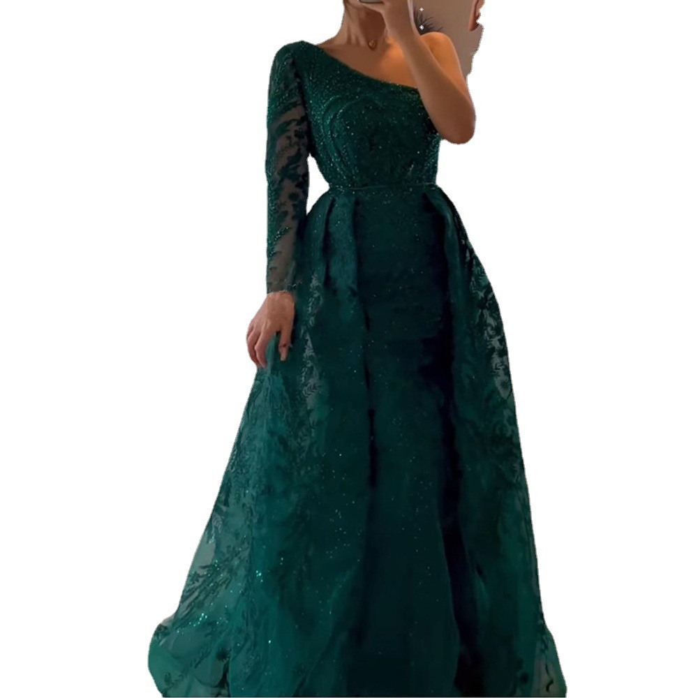 Y9360 2025 Vestido de Verano Nuevo Estilo Europeo y Americano para Mujer, con Cuentas, Estilo Ligero y Lujoso, Hombros Descubiertos, Corte Sirena, Vestido de Noche