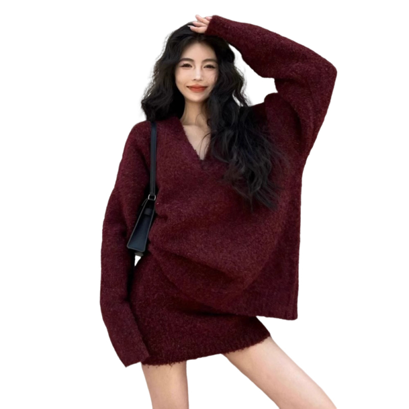 레드 레트로 V-넥 니트 스웨터 원피스 어린이 2025 새로운 이른 봄 프렌치 웨어