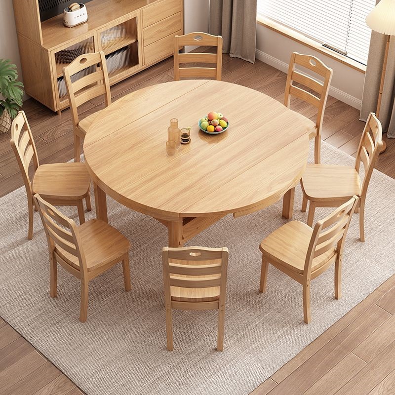 Furniture Modern Casual Retractable All Solid Wood Dining Table and Chair Combination Small Apartment Log Home Round Table 8 People