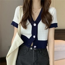 针织开衫薄款女短袖2025年新款夏季宽松ins甜辣温柔风v领短款上衣