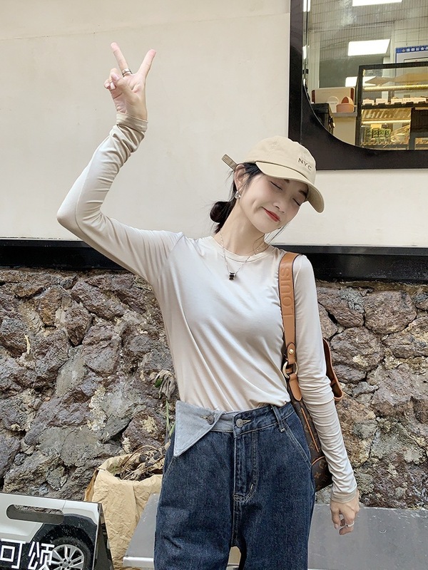 莫代尔面料修身圆领长袖打底衫面膜t恤女 秋冬内搭简约薄款上衣潮|undefined