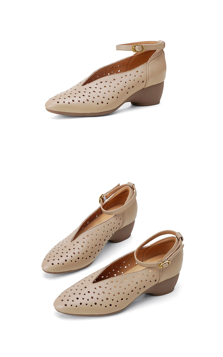 Sandal nữ mũi nhọn quai ngang gót trung bình phong cách retro thoáng khí — đen, mơ chi tiết 16
