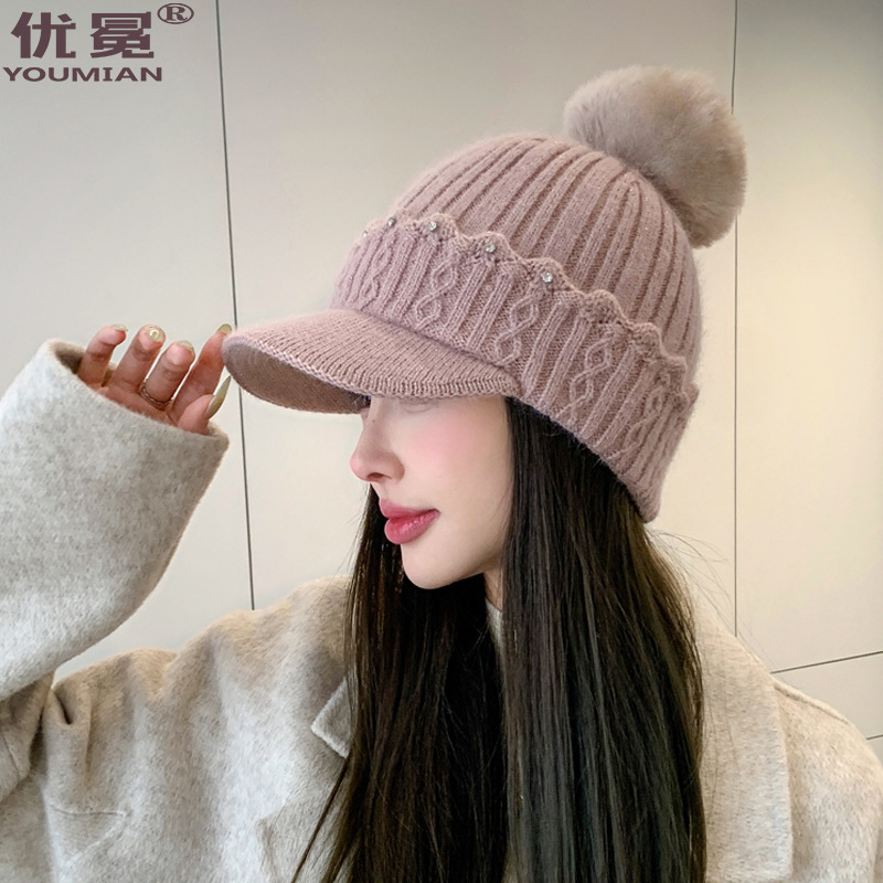 2024秋冬新款兔毛棒球帽女加绒保暖韩版护耳针织毛线帽子百搭时尚