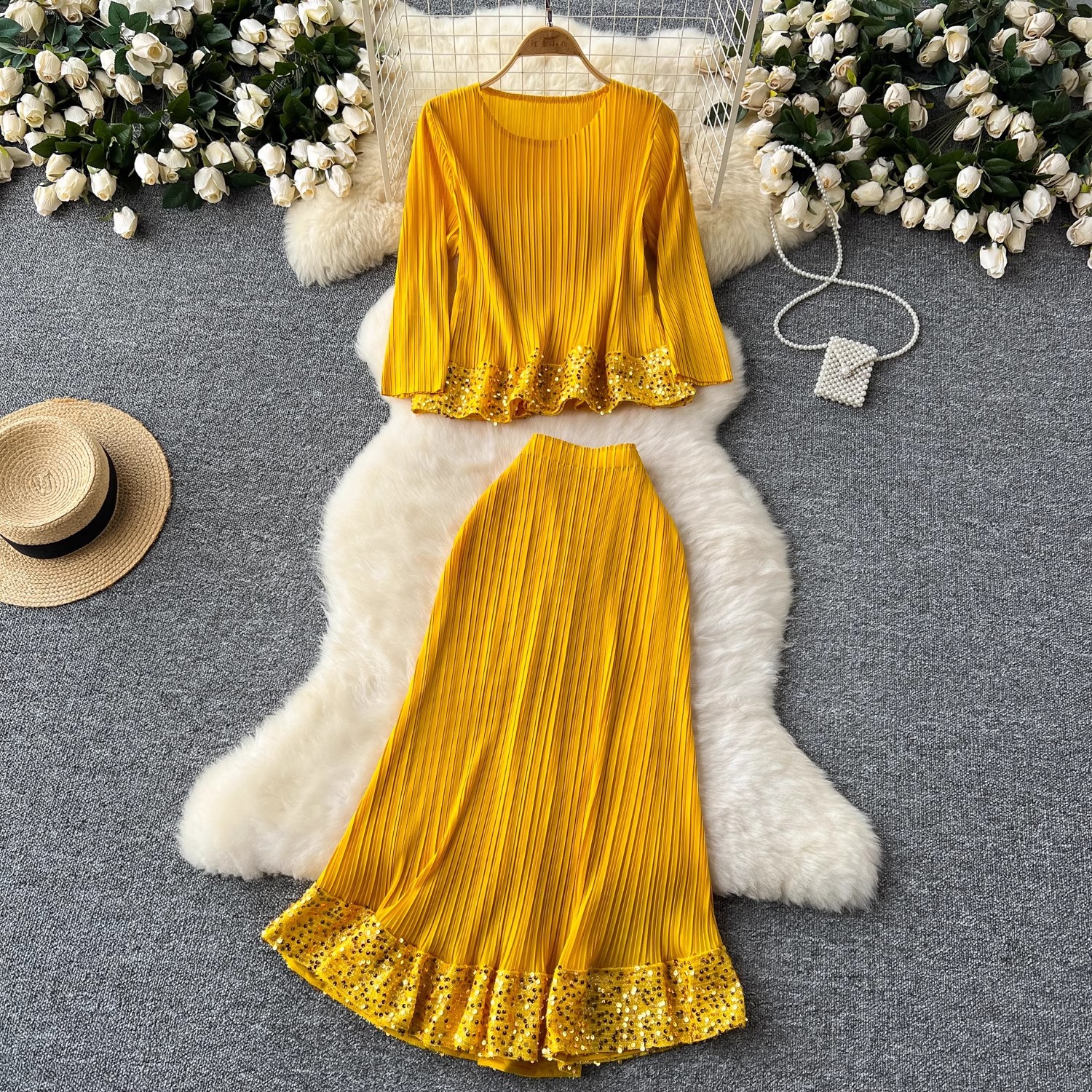 Women's high end stylish round neck three quarter sleeve sequin embroidered pleated top + high waist drape skirt suit_voghion.com