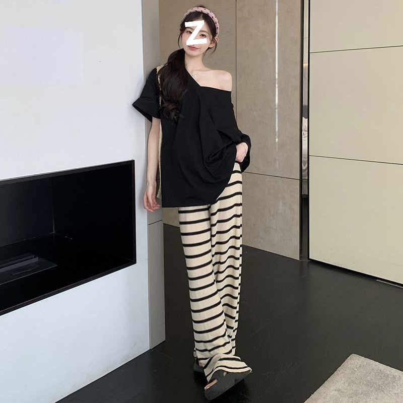 孕妇装夏装套装时尚t恤阔腿裤宽松显瘦条纹孕期法式穿搭两件套潮|undefined