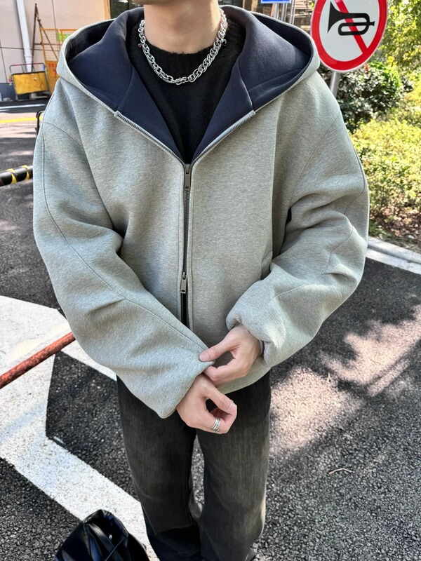 双拉链开衫卫衣男款春秋高级感廓形美式高街重磅硬挺潮牌连帽外套|undefined