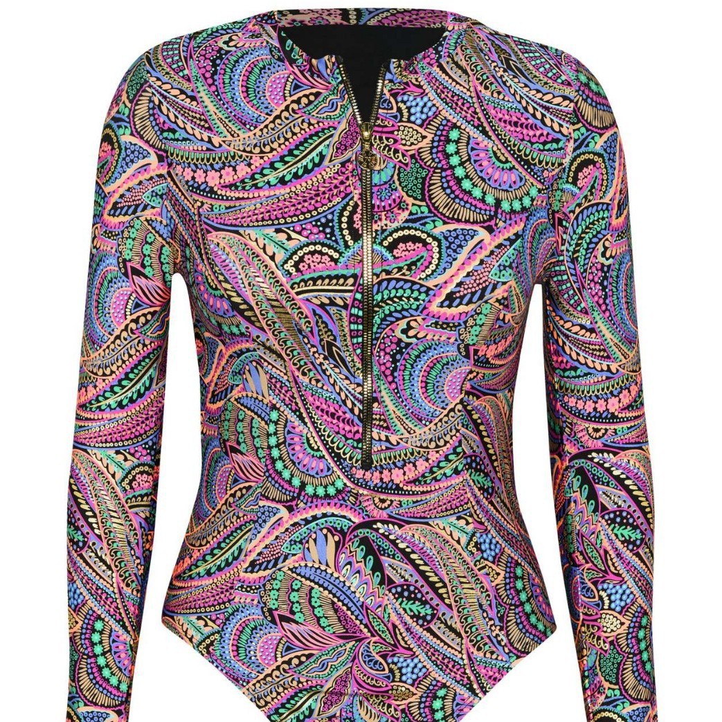 欧美外贸连体长袖全身印花冲浪服防晒女士泳衣潜水服泳装