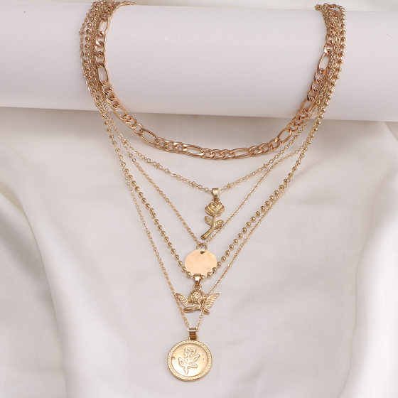 European and American retro multi-layer pendant necklace Amazon cross-border new rose angel clavicle chain women's suit wholesale