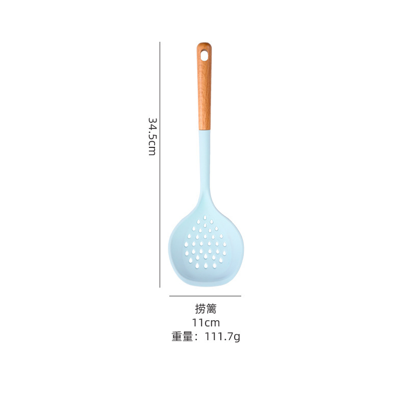 Suministros de cocina Mango de madera de silicona sartén antiadherente europea Espátula de silicona Juego de 10 piezas Juego de utensilios de cocina azul resistente a altas temperaturas