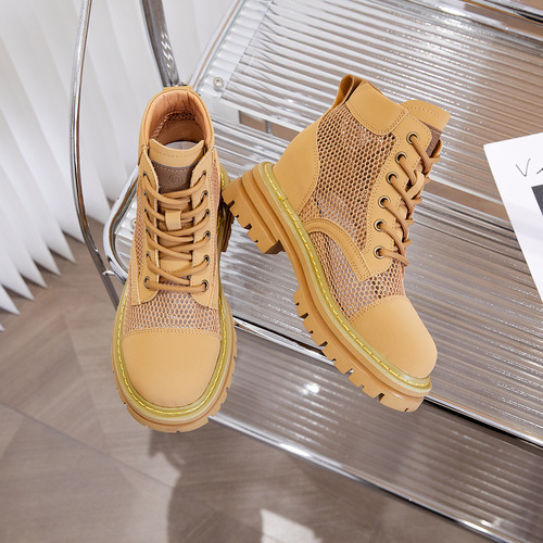 [High-definition silk cowhide] Women's Martin boots with increased height and permeable mesh, durable mesh rhubarb boots, thick-soled women's short boots