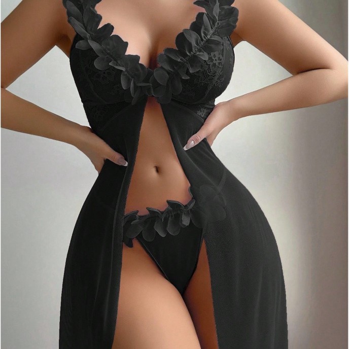 跨境货源欧美纯欲低胸花朵吊带长裙透视网纱蕾丝开叉情趣内衣套装