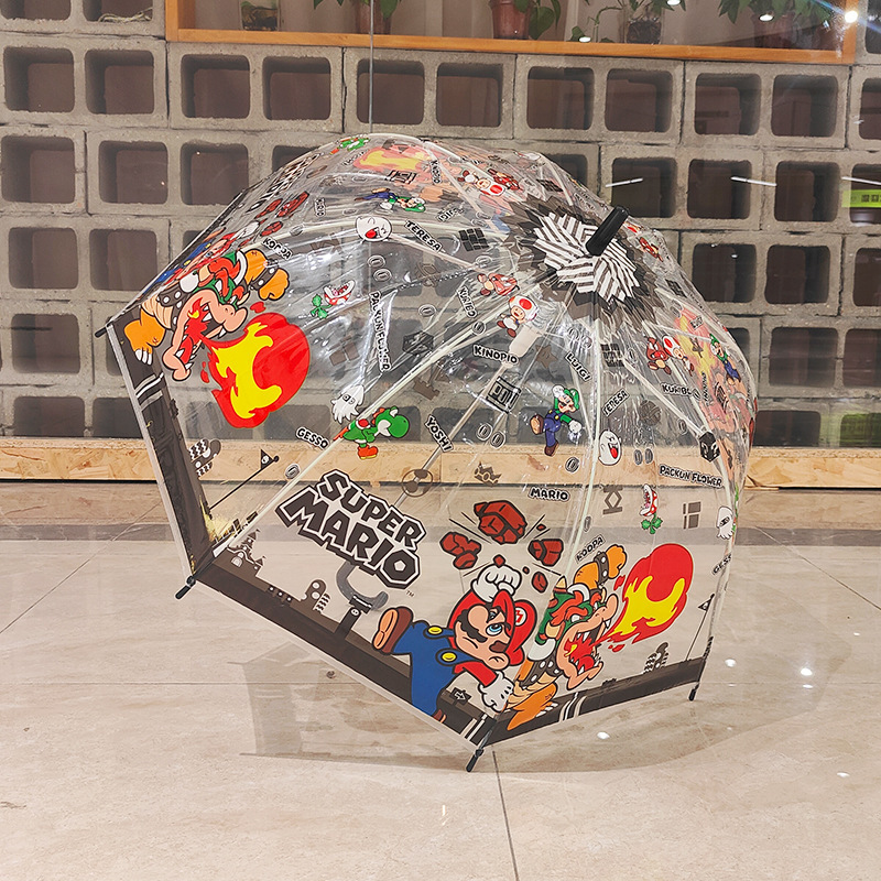 Mario Children's Transparent Arch Umbrella Apollo Bird Cage Mushroom Umbrella Long Handle Automatic Cartoon Fiber Umbrella