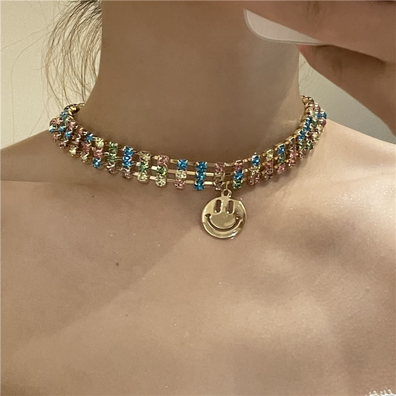 Color Three-row Diamond Golden Smiley Face Pendant Choker Wholesale Jewelry Nihaojewelry display picture 5