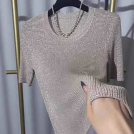圆领亮丝中袖针织衫女夏显瘦修身正肩t恤2025新款小香风法式上衣