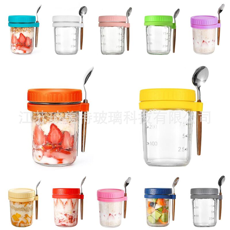 Amazon Mason Cup Overnight Oatmeal Cup Portable Yogurt Breakfast Cup Milk Glass Cup with Spoon and Lid graduated cup