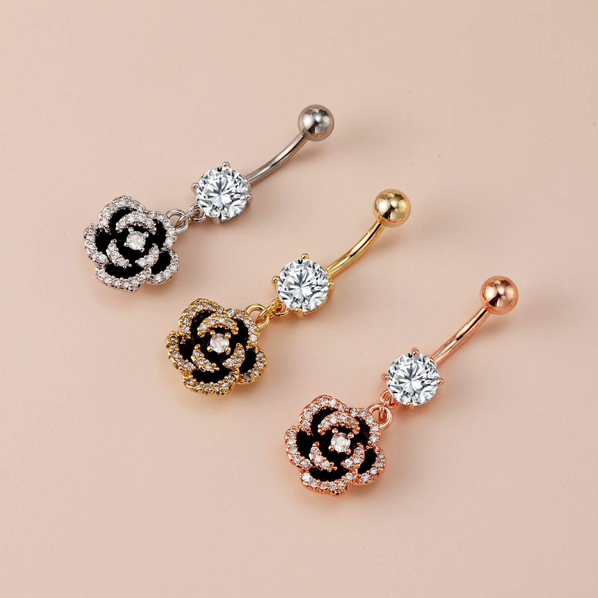 Rose Flower Belly Button Ring Stud Piercing Jewellery_voghion.com