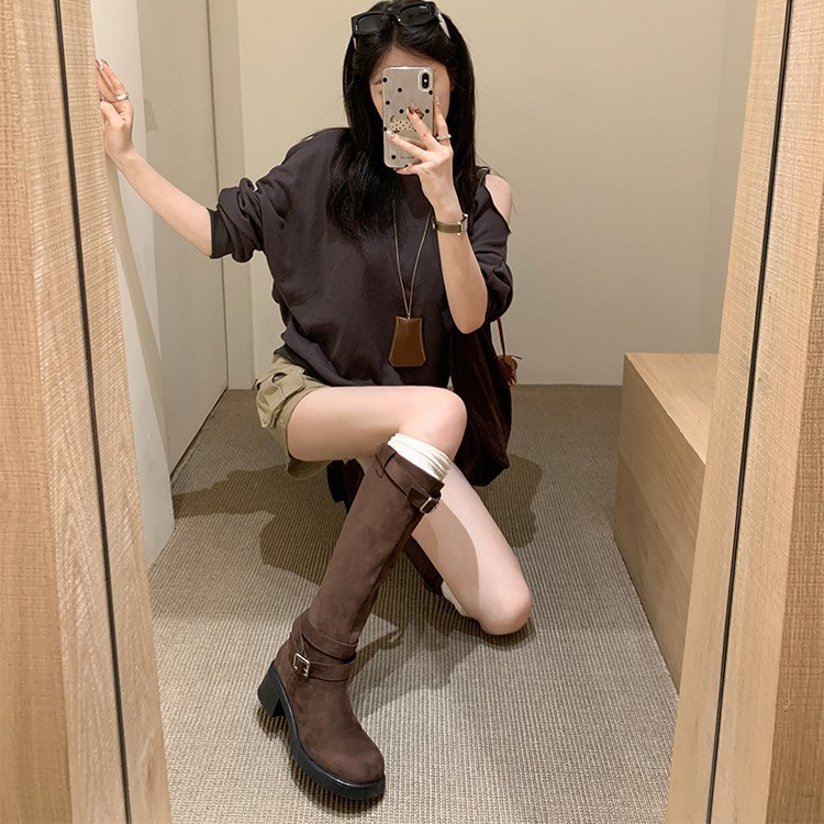 【葡萄妈】西北靴~两穿褶皱粗跟西部沙漠中高筒弹力长靴女堆堆靴|undefined
